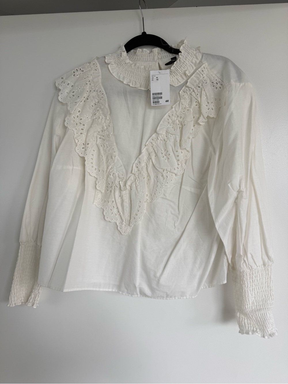H&M White Ruffle V-Neck Eyelet Blouse
